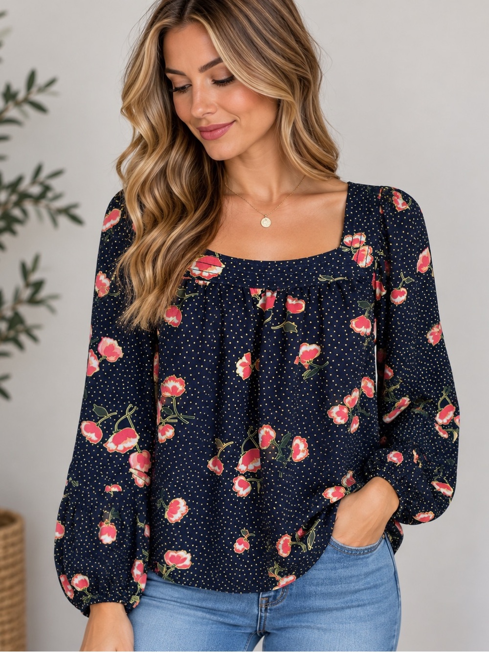 357 LC Lauren Conrad Small Navy Floral Polka Dot Long Sleeve Peasant Blouse
